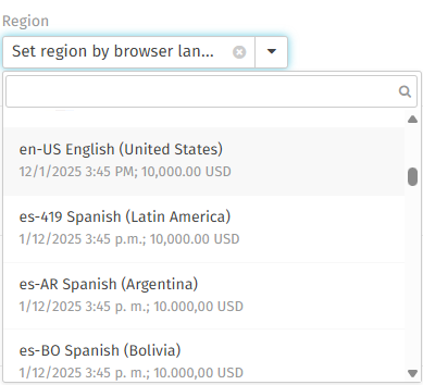 Region selection list