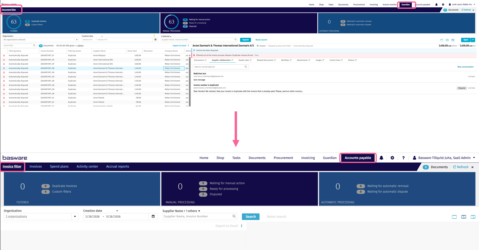 Document filter before and invoice filter after