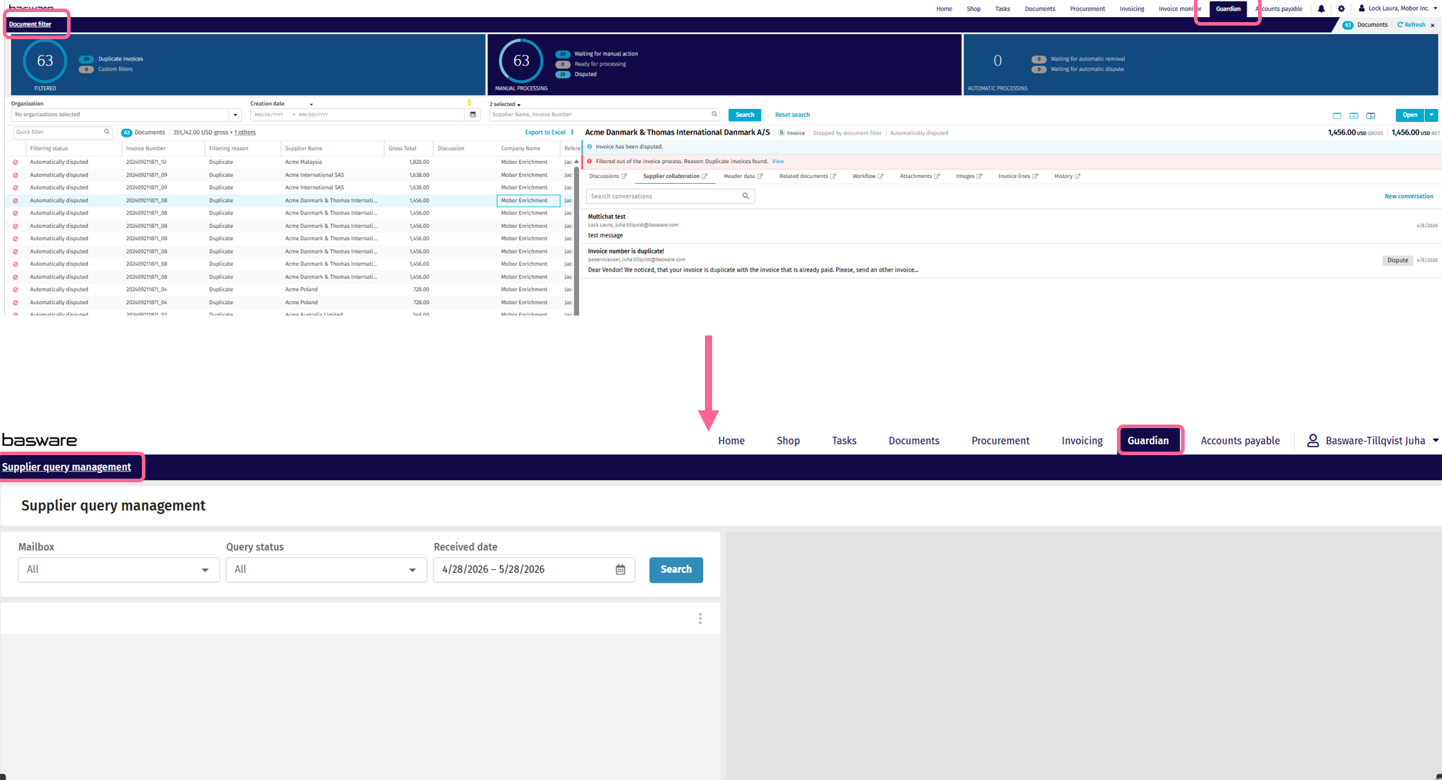 Guardian document filter to Guardian Supplier query management